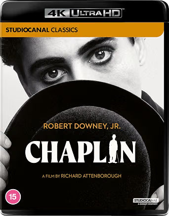 Blu-ray cover for “Chaplin” featuring Robert Downey Jr. in black and white.