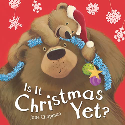 Illustration of a large bear and cub wearing Christmas decorations.