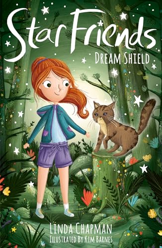 Book cover: girl and brown tabby cat in a magical forest.