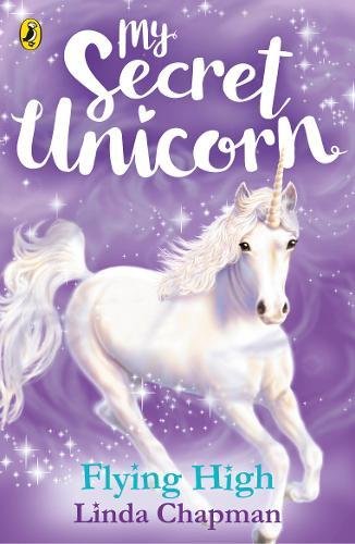 "Children's book cover featuring a white unicorn with a golden horn against a purple background."