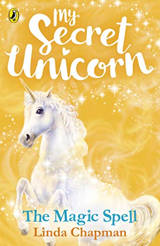 Book cover: white unicorn with golden sparkles, title "My Secret Unicorn".