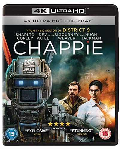 Chappie" Blu-ray cover featuring a robot, Dev Patel, and Hugh Jackman.