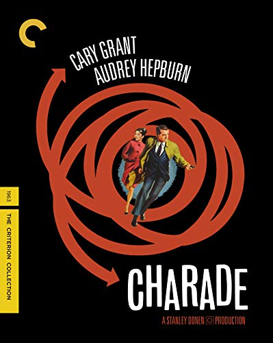 “Charade” Blu-ray cover: Cary Grant and Audrey Hepburn in a swirling, red design.