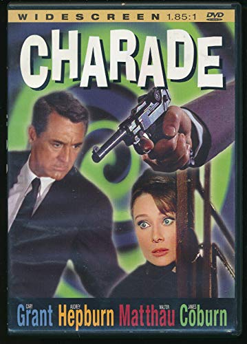 Charade" DVD cover featuring Cary Grant, Audrey Hepburn, and a handgun.
