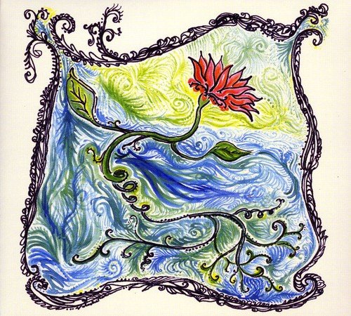 "Album cover with a red flower and swirling blue-green background, ornate black border."