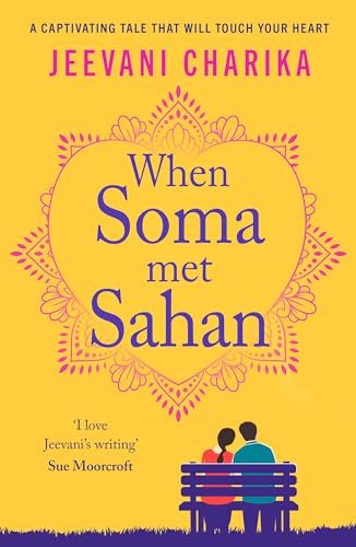 Yellow book cover with heart design, couple on a bench below.