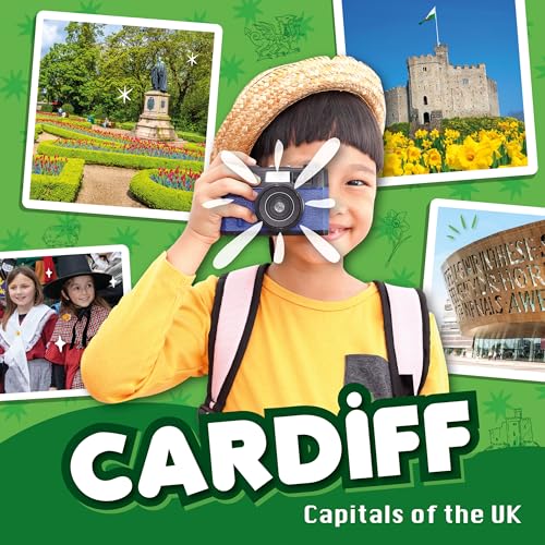A child with a camera and straw hat over photos of Cardiff landmarks.