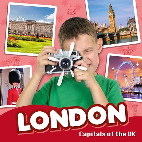 A boy in a green shirt holds a camera surrounded by photos of London landmarks.
