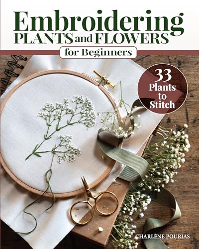 Book with embroidered plant and flower designs, 33 projects for beginners, illustrated guide.