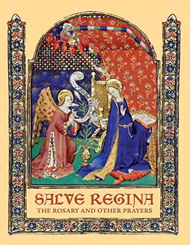 Medieval-style illustration of the Annunciation with ornate gold border.