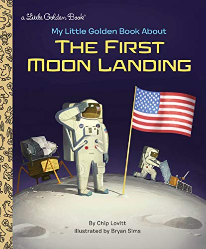 Cover of children’s book about the first moon landing, with astronauts.