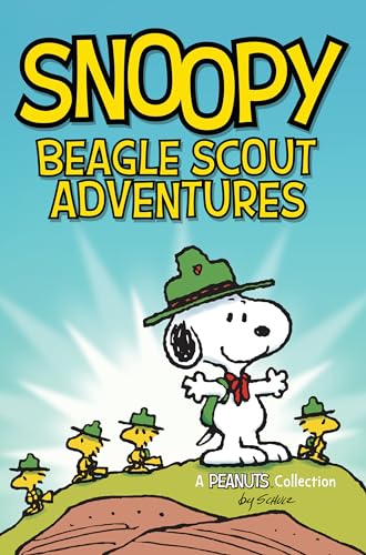 Snoopy in a scout uniform with smaller Snoopy figures on a hill.