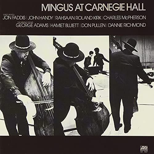 "Album cover with three black-and-white photos of Charles Mingus playing the double bass."