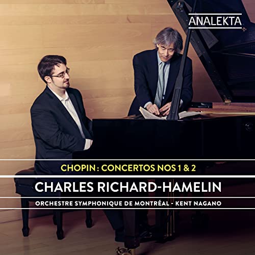Two men with a piano, album cover for Chopin concertos by Richard-Hamelin.