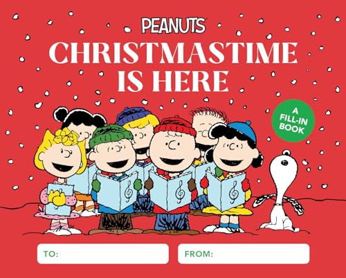 Peanuts characters singing carols on a red background, fill-in book.