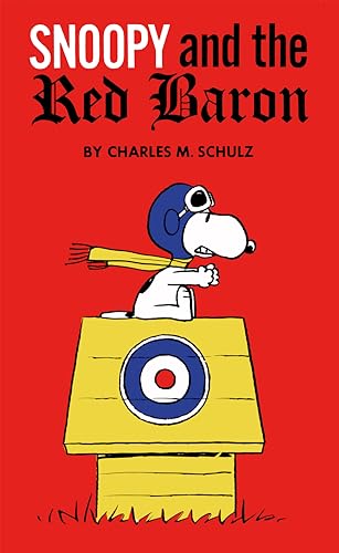Snoopy wearing an aviator cap and scarf sits atop his yellow doghouse on red.