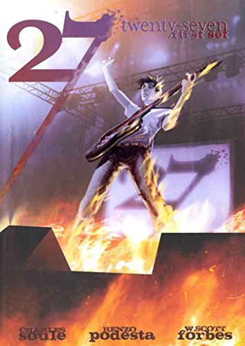 Comic book cover: guitarist performing on stage with fiery effects.