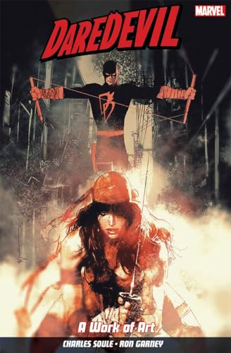 Daredevil in black suit with a woman, city skyline background.