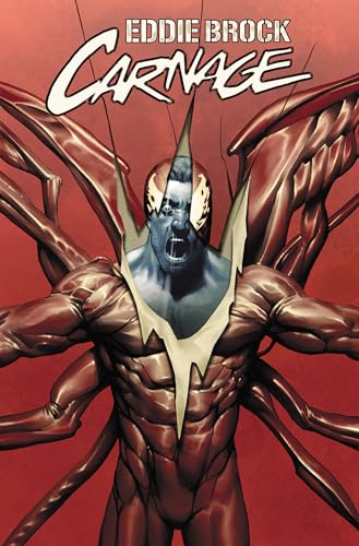 Eddie Brock's face emerges from a torn red Carnage symbiote suit on a red background.