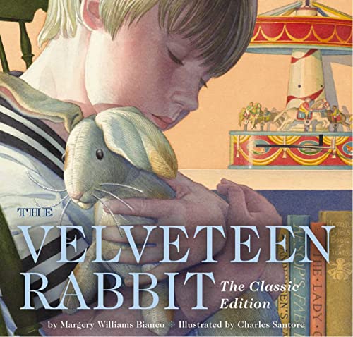 Boy hugging a worn, plush rabbit in a colorful illustrated scene.