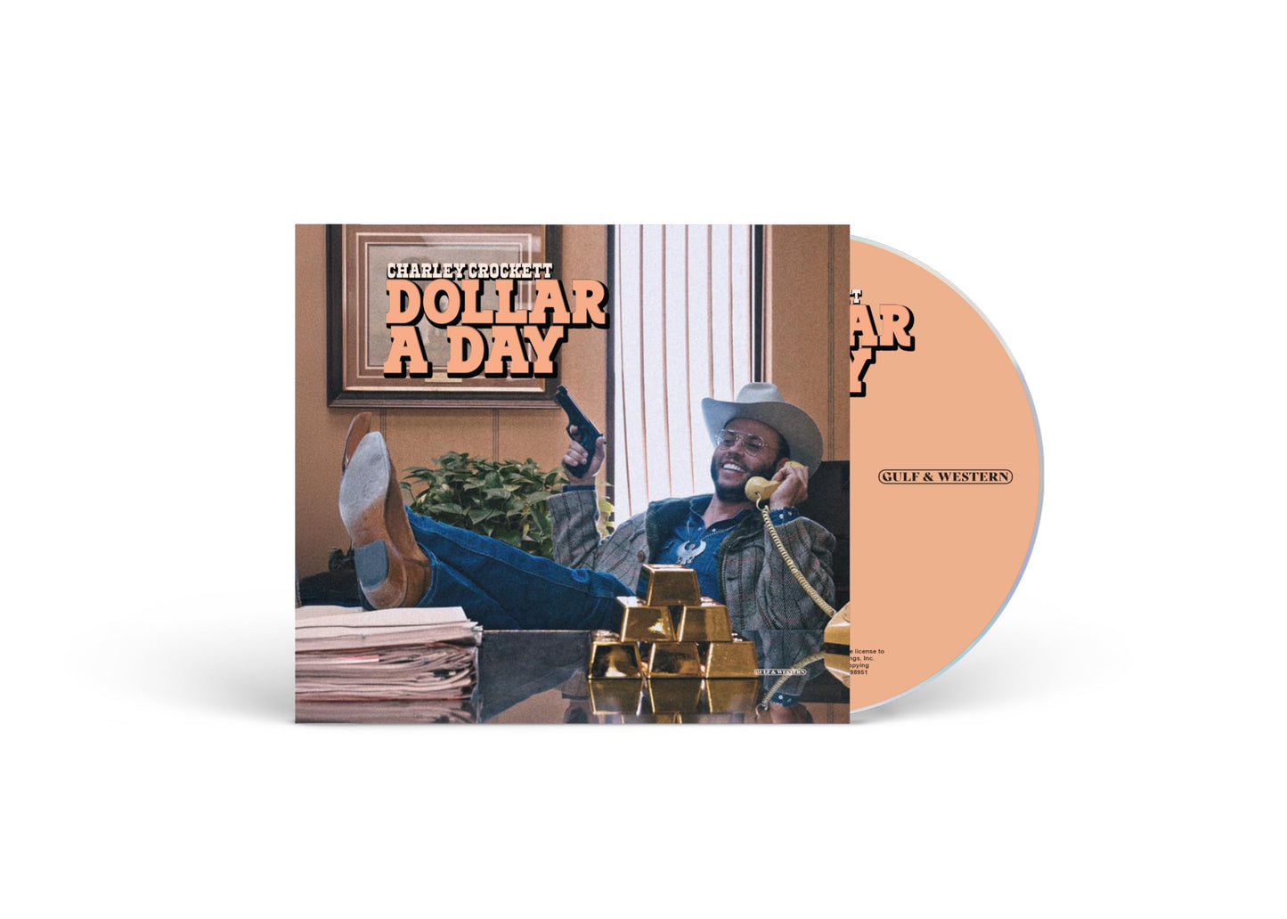 Charley Crockett "Dollar A Day" CD cover with musician and gold bars.