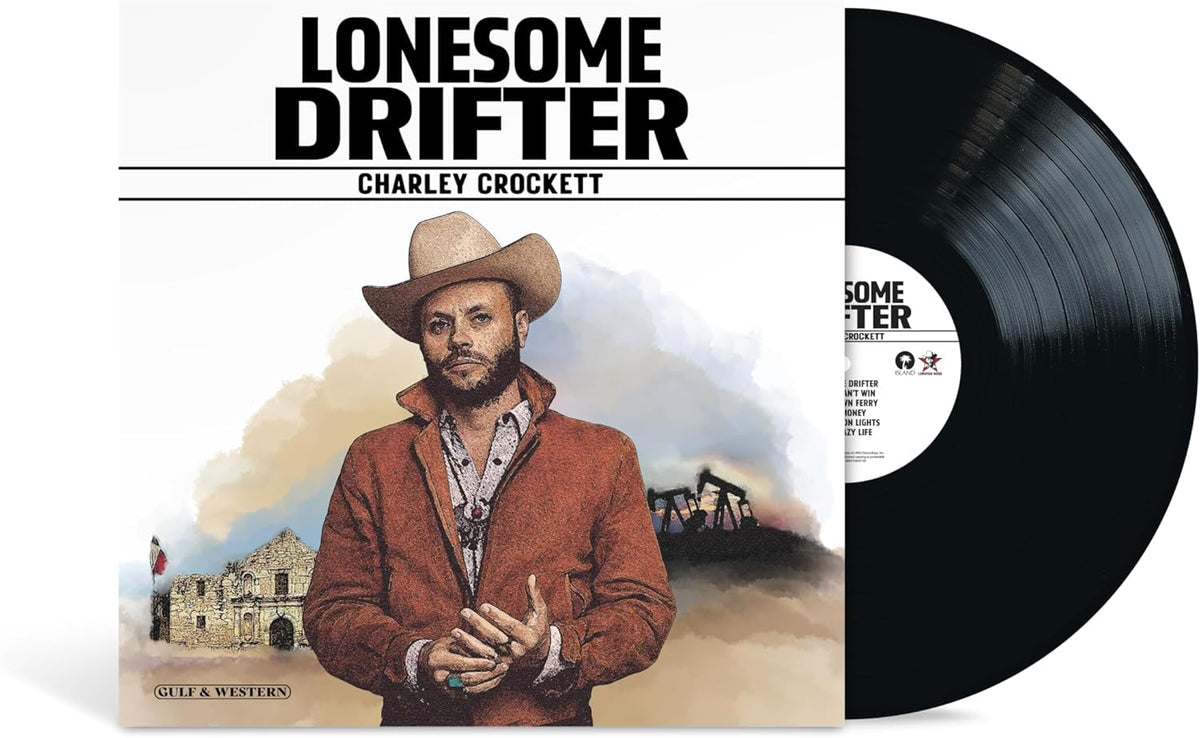 Charley Crockett’s “Lonesome Drifter” vinyl record with a portrait of the artist.
