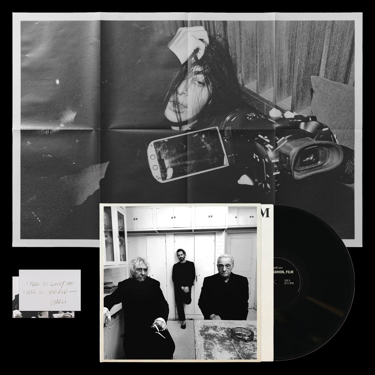 Black vinyl LP with black and white Charli XCX album artwork and film stills.
