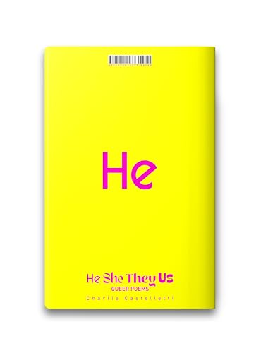 Bright yellow book cover with purple text: “He, She, They, Us.”
