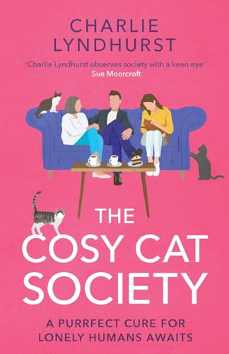 Book cover: people and cats relaxing on a blue sofa, pink background.