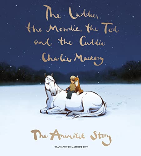 Book cover: boy with fox on a white horse in a snowy landscape.