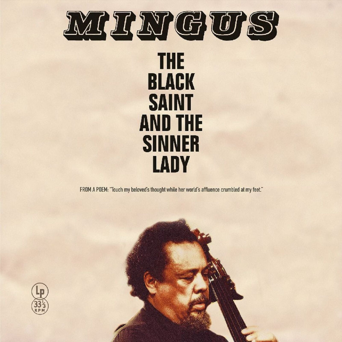 Vinyl album cover featuring Charles Mingus playing a double bass against a beige background.