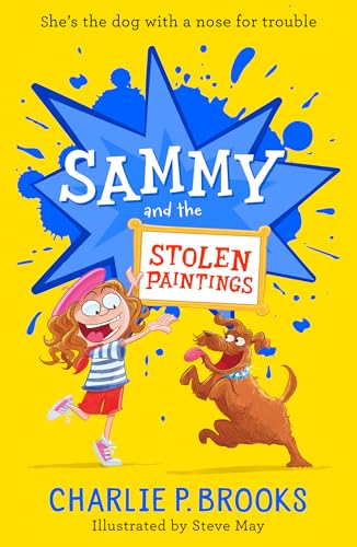 Book cover featuring a girl, a brown dog, and colorful starburst design.