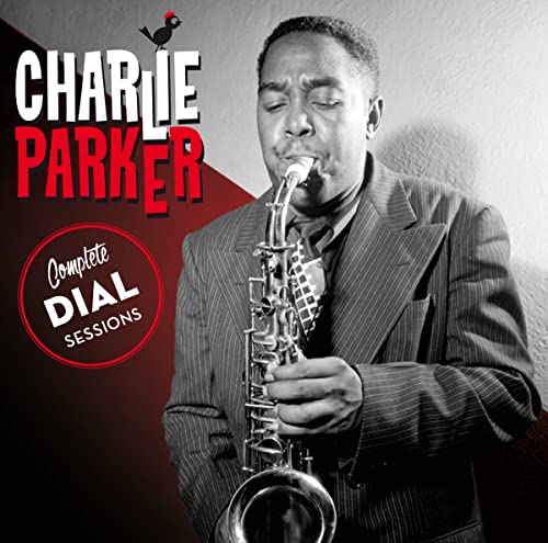Black and white portrait of Charlie Parker playing the saxophone on a CD cover.