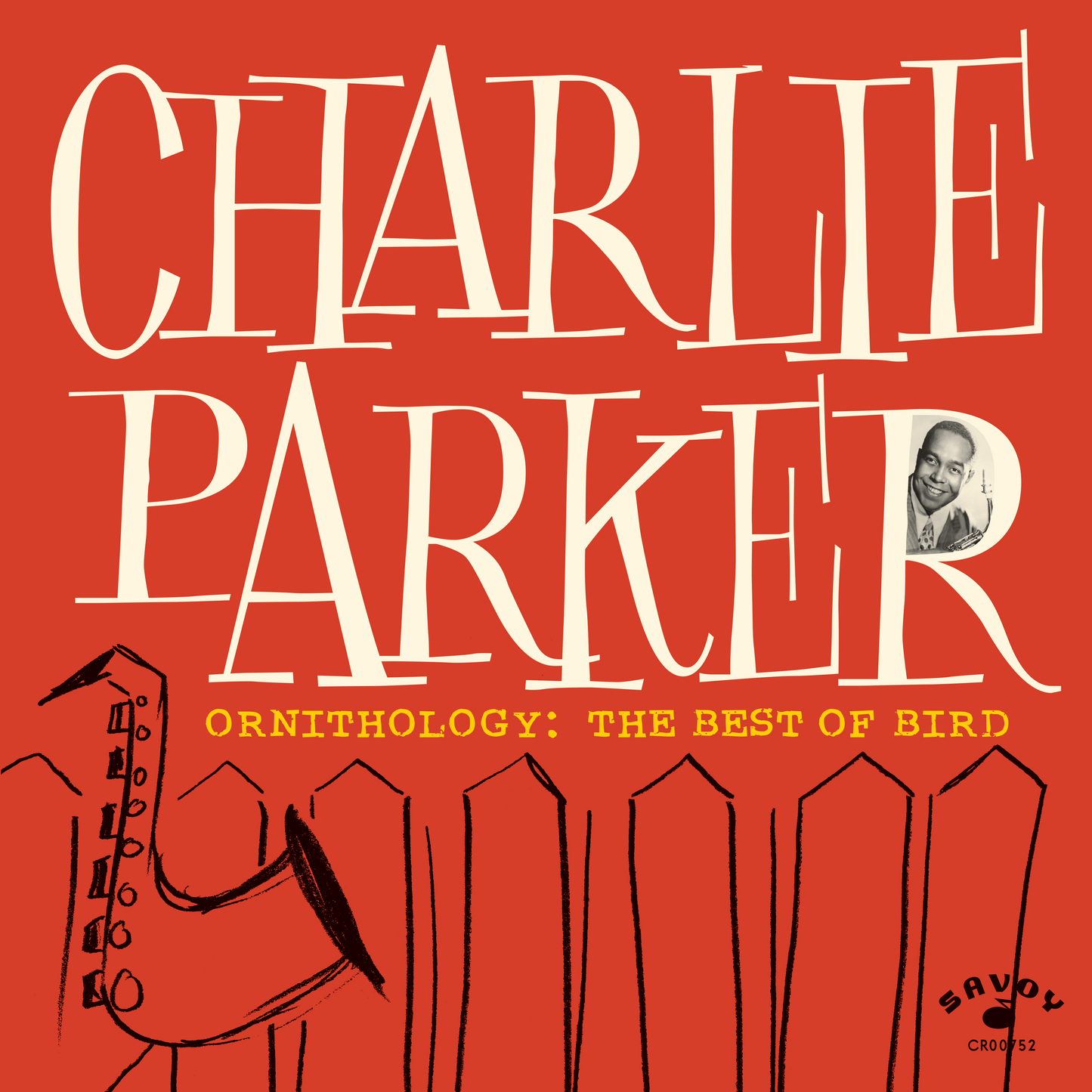 Charlie Parker album cover with portrait, saxophone, and red background.