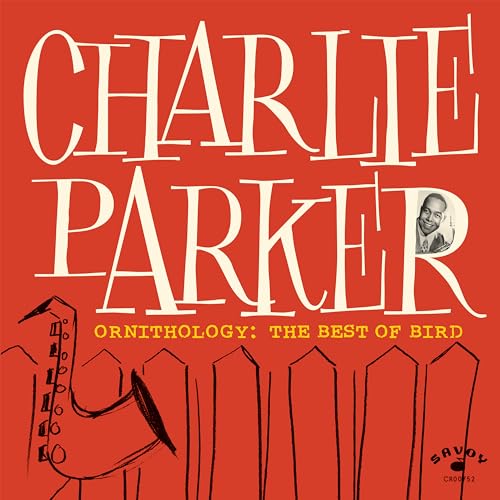 Charlie Parker album cover with portrait, saxophone, and bold typography.