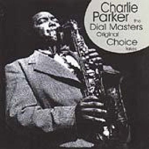 Black and white photo of Charlie Parker playing a saxophone with album title text.