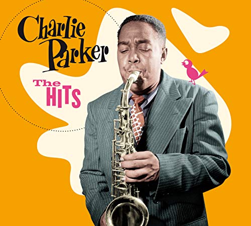 Charlie Parker playing a saxophone against an orange background with stylized text and graphics.