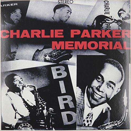 Black and white photo collage of Charlie Parker playing saxophone with red text overlay.