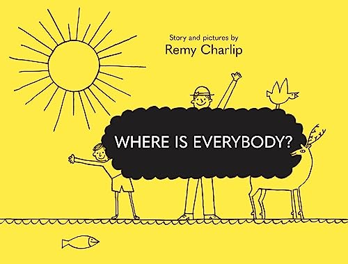 Book cover: yellow background, simple line drawings of people, animals, and sun.