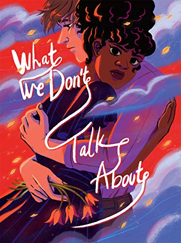 Book cover: two people embracing, with red and blue abstract background.