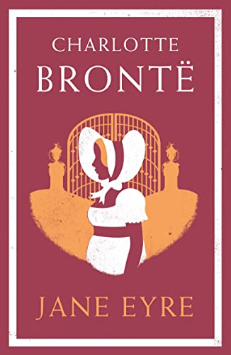 Book cover for “Jane Eyre” featuring a woman in a bonnet before gates.