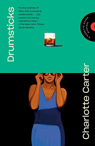 Book cover: woman in blue, drink, and drumsticks illustration.