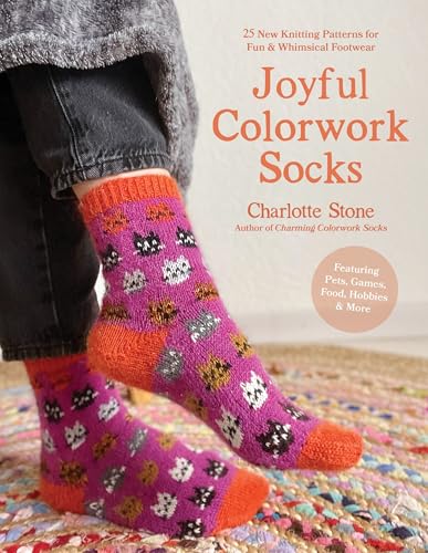 Book cover showing a person wearing purple knit socks with a cat face pattern.