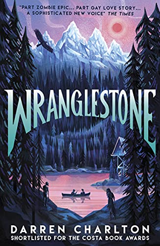 Book cover art featuring snowy mountains, a lake, pine trees, and two figures canoeing.