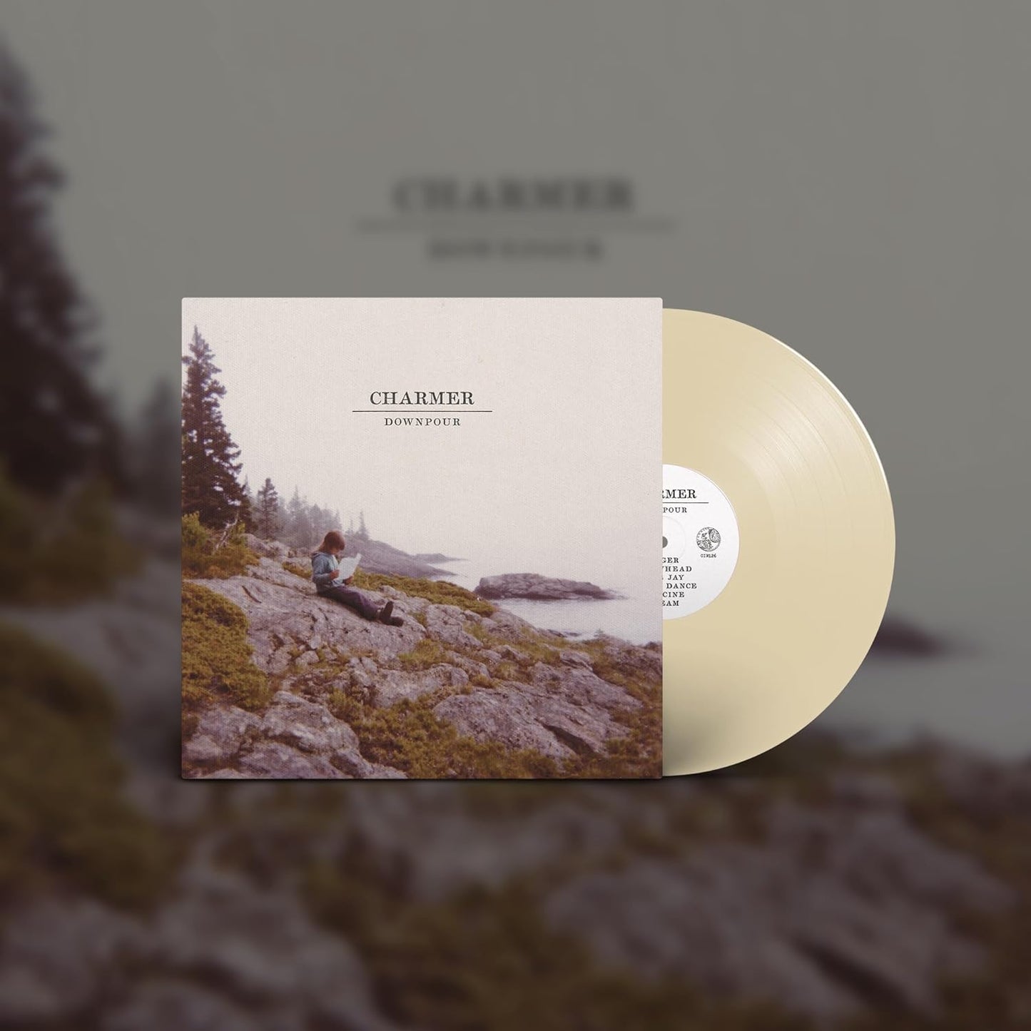 A vinyl record jacket featuring the Charmer Downpour album artwork.