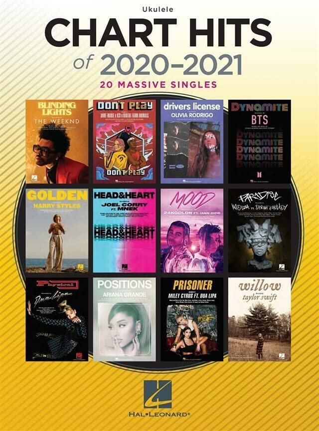 Ukulele songbook cover featuring popular music artists from 2020-2021.