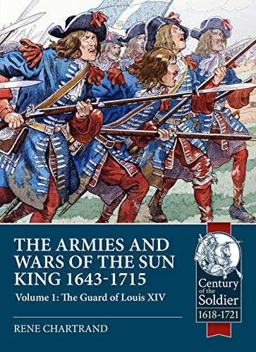 17th-century French soldiers in blue and red uniforms, book cover illustration.