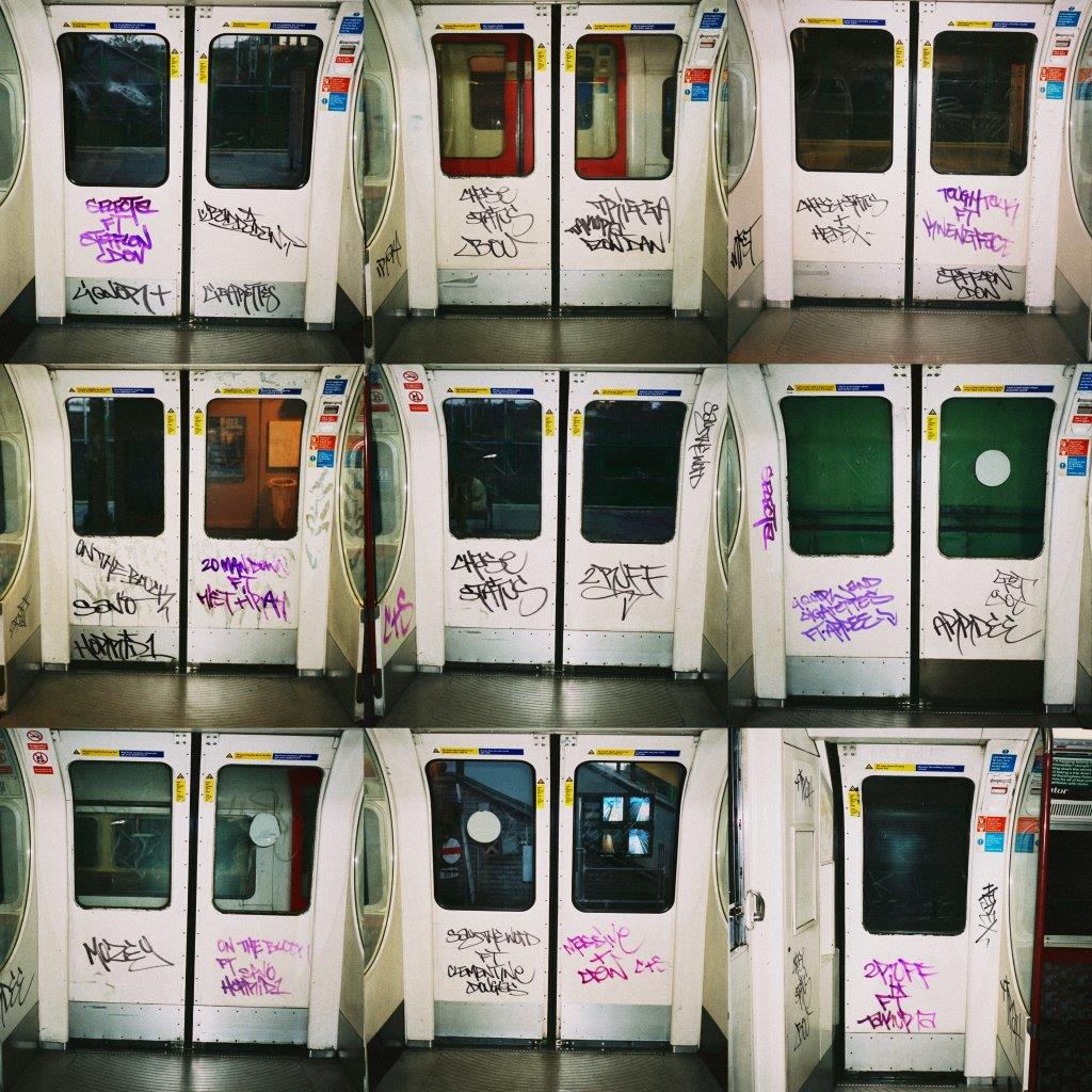 A collage of London Underground train doors covered in graffiti and song title text.