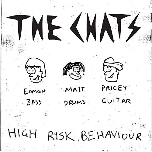 Black and white line drawing of three band members with names and instruments listed.