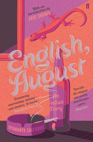 Book cover: "English, August" with a lizard, bottle, and ashtray.